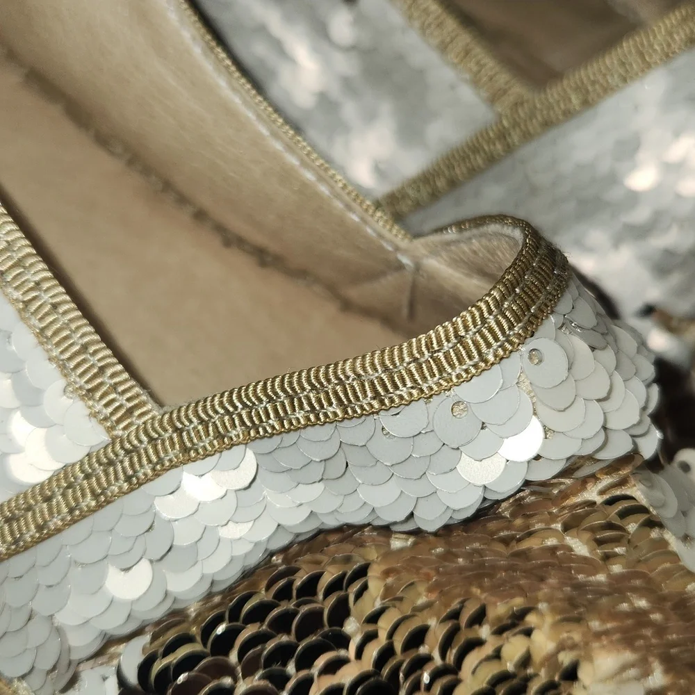 ANDREW STEVENS Chiara Leather Sequins Espadrilles Flats Gold And Cream 37 / 6.5